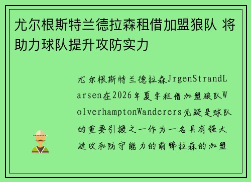 尤尔根斯特兰德拉森租借加盟狼队 将助力球队提升攻防实力