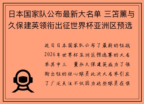 日本国家队公布最新大名单 三笘薰与久保建英领衔出征世界杯亚洲区预选赛