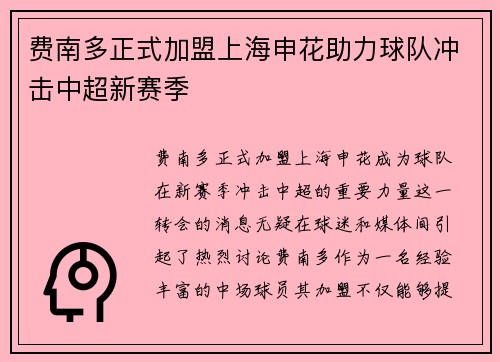 费南多正式加盟上海申花助力球队冲击中超新赛季