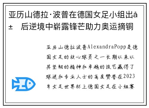 亚历山德拉·波普在德国女足小组出局后逆境中崭露锋芒助力奥运摘铜 亚历山德拉·波普在德国女足小组出局后逆境中崭露锋芒助力奥运摘铜